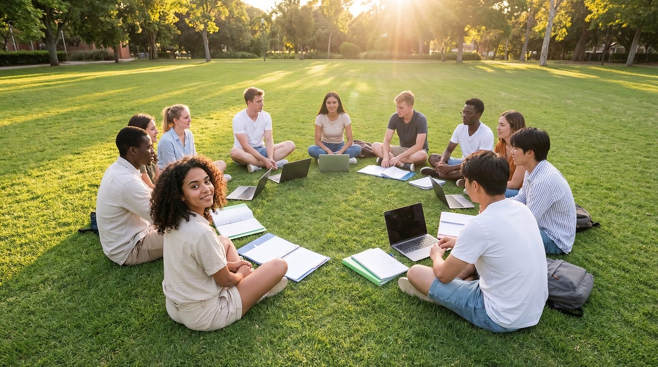 A young adult sitting on a college campus using a laptop and checking their phone.
